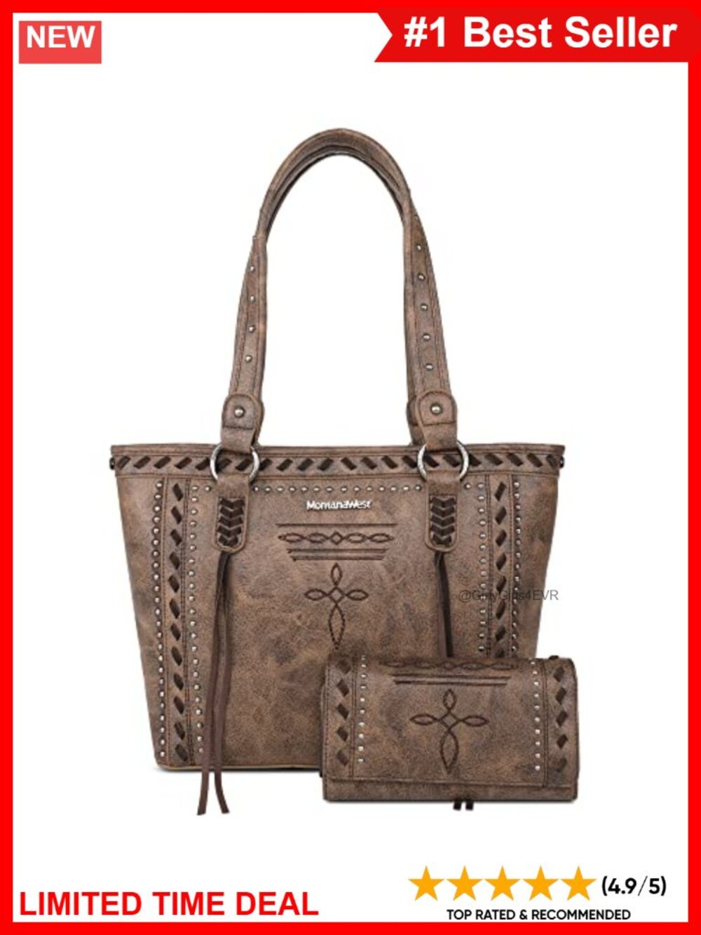 Western Satchel Handbag & Wallet Set Vegan Leather Studded Whipstitch